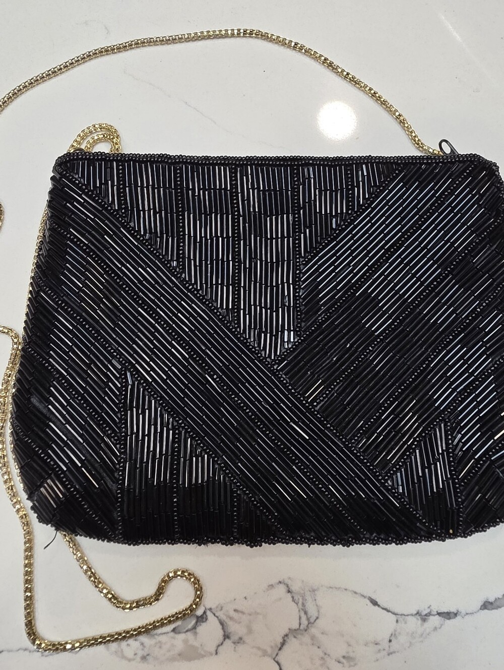 La Regale Black Beaded EveningBag-Gold Chain Art Deco Bugle Bead Clutch